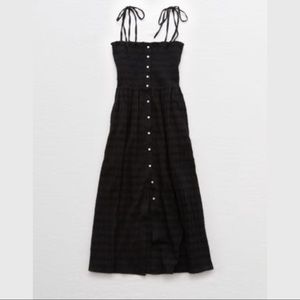 Aerie Black Smocked Button Down Midi Dress